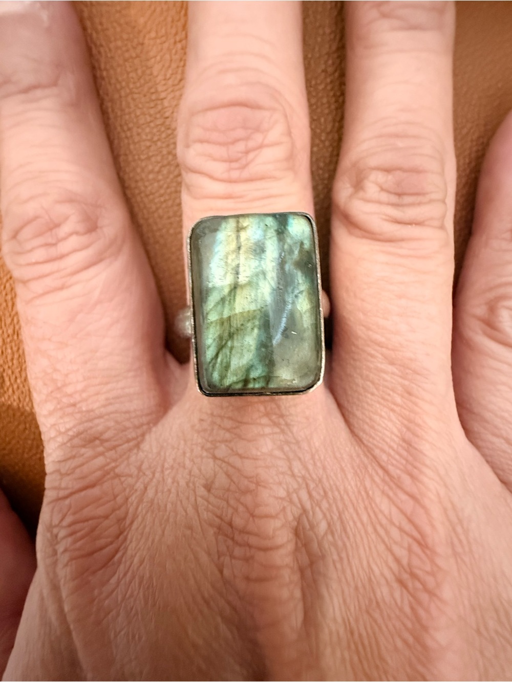 Green Labradorite Sterling Silver Rectangle Ring - Unbranded View 2
